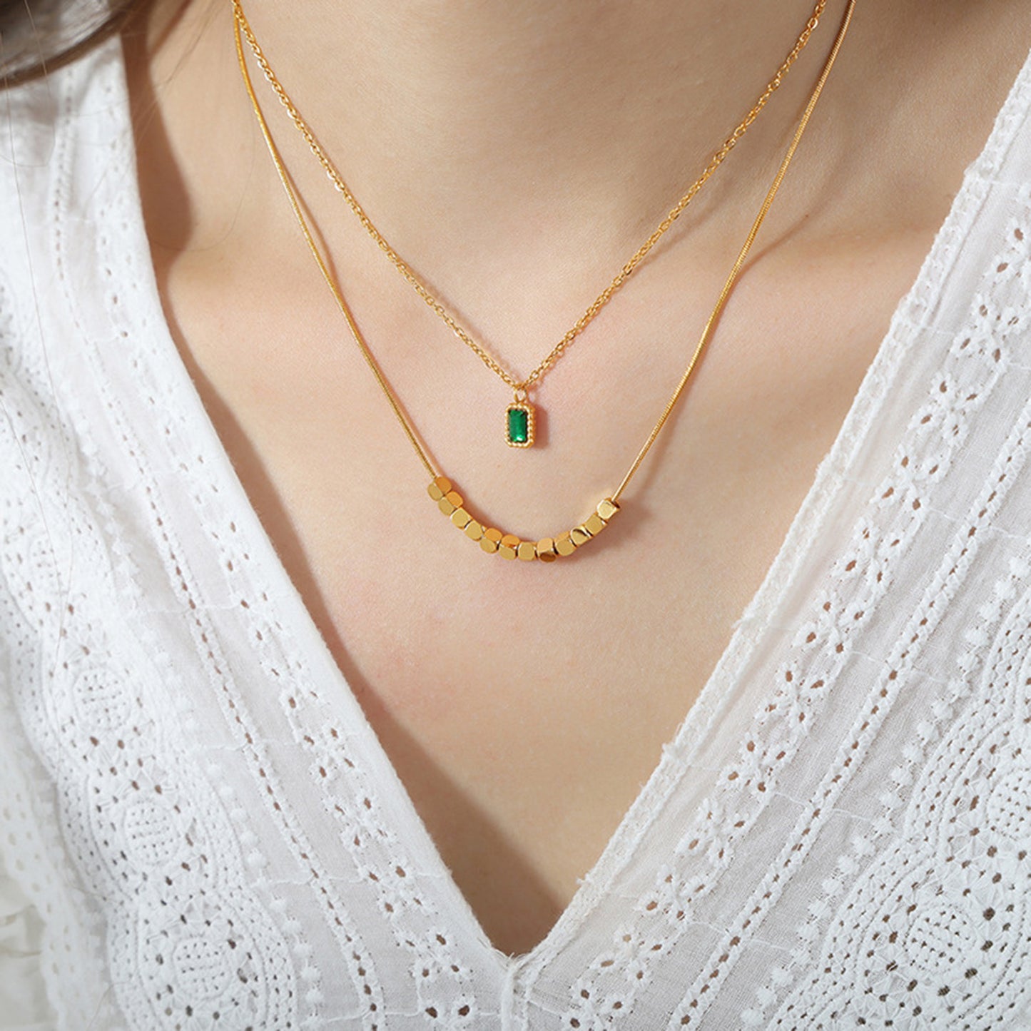 Double-Layered Emerald Necklace 18K Gold-Plated