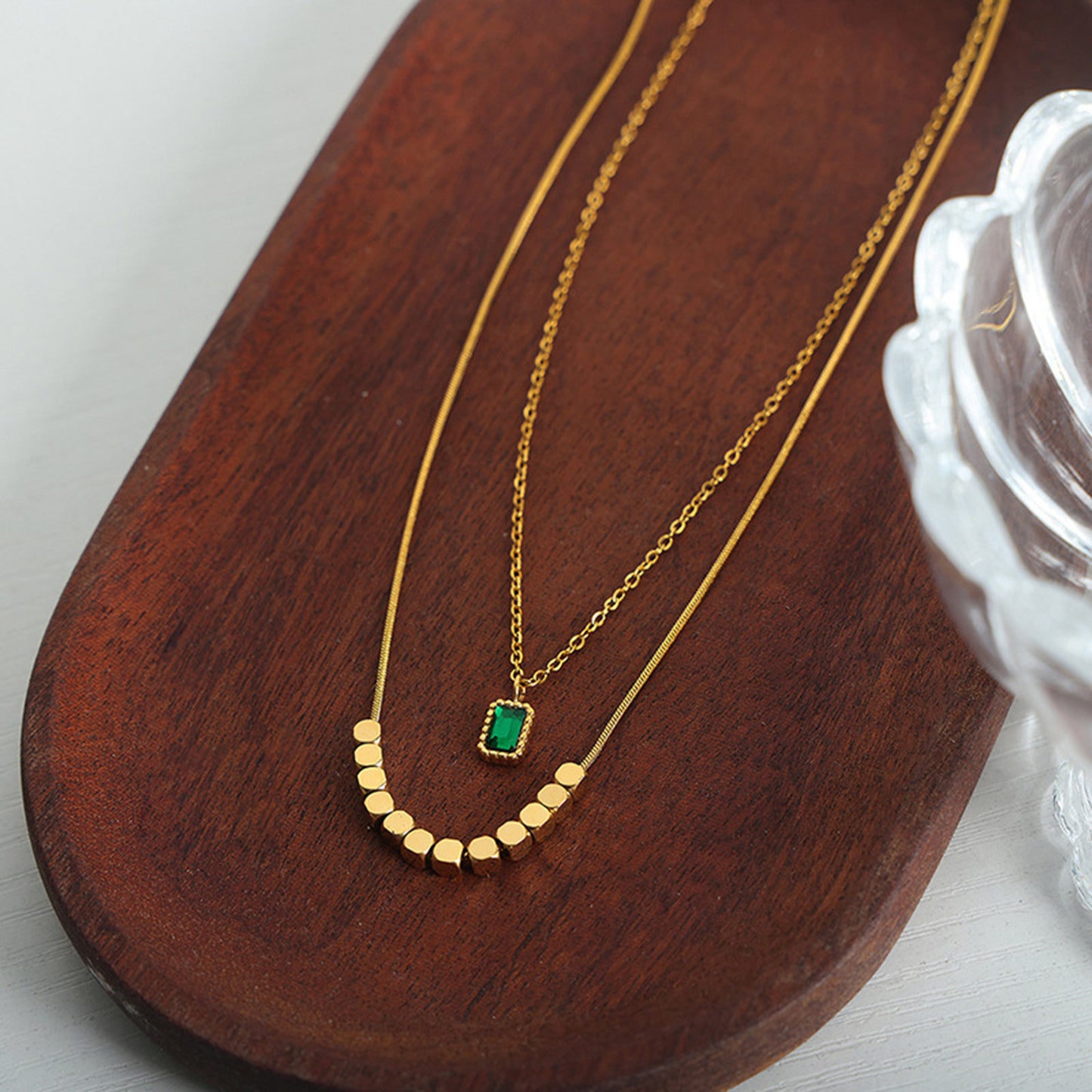 Double-Layered Emerald Necklace 18K Gold-Plated