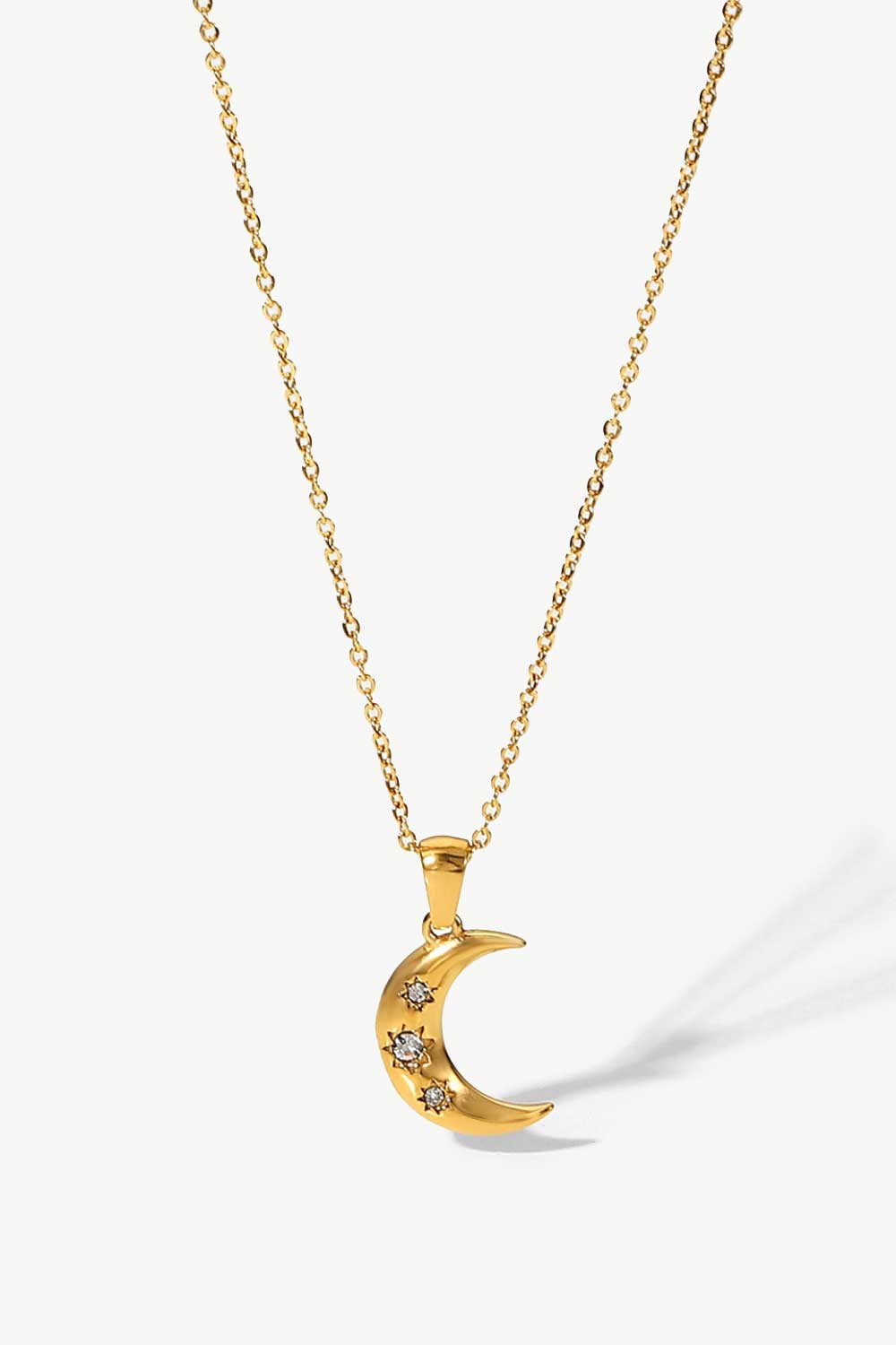 Crecent Moon with 3 Inlaid Stars Necklace 18K Gold Plated