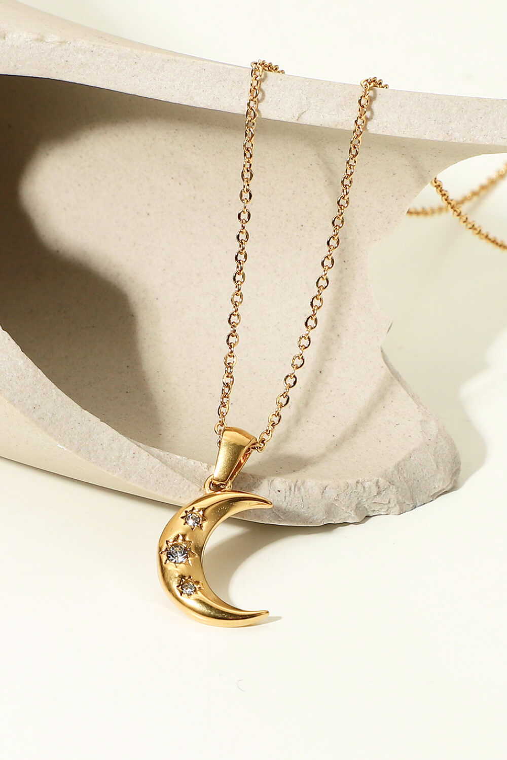 Crecent Moon with 3 Inlaid Stars Necklace 18K Gold Plated