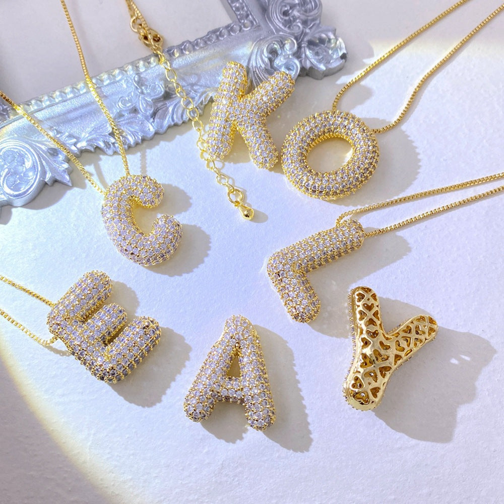 Gold-Plated Bubble Angle Sparkle Inlaid Letter Necklace