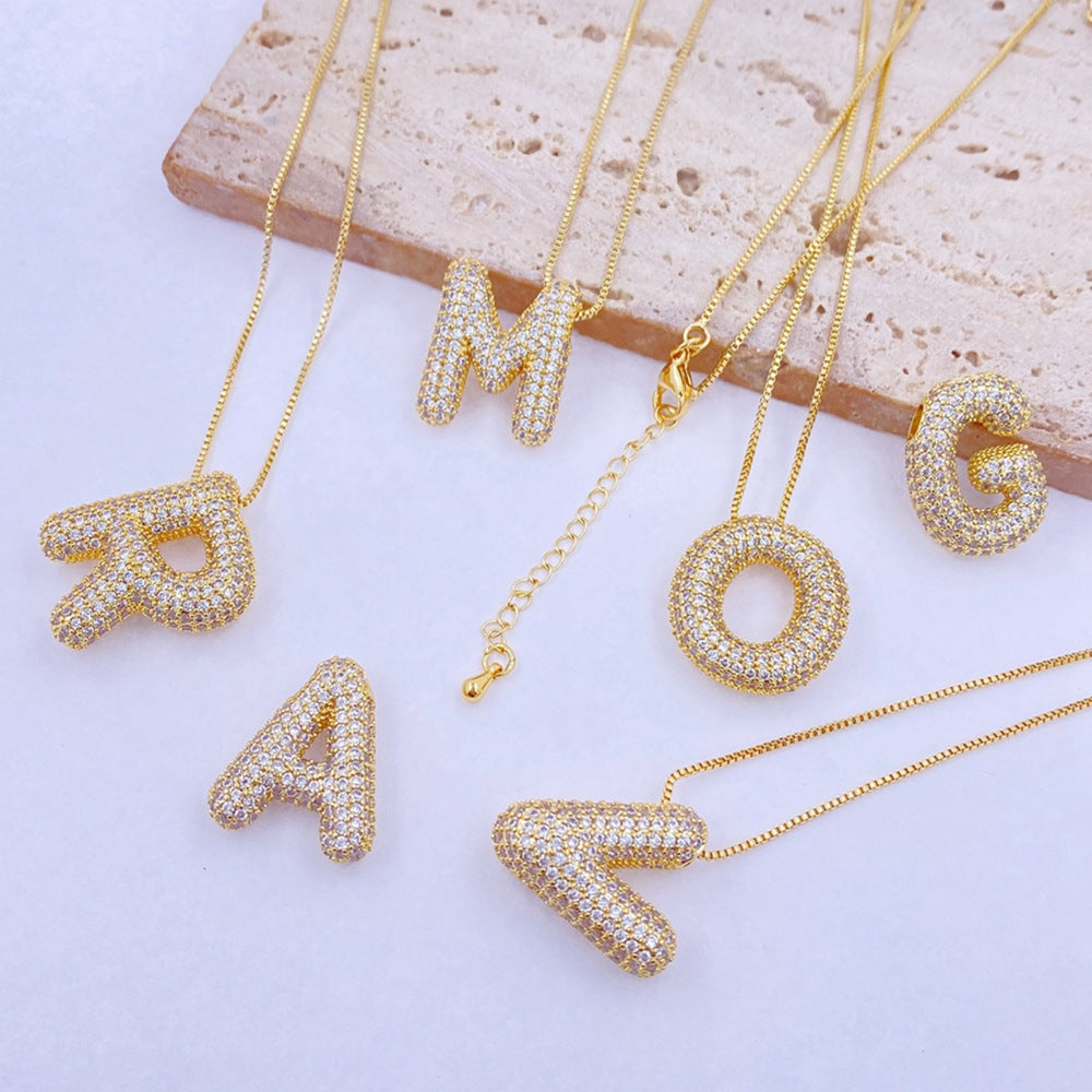 Gold-Plated Bubble Angle Sparkle Inlaid Letter Necklace